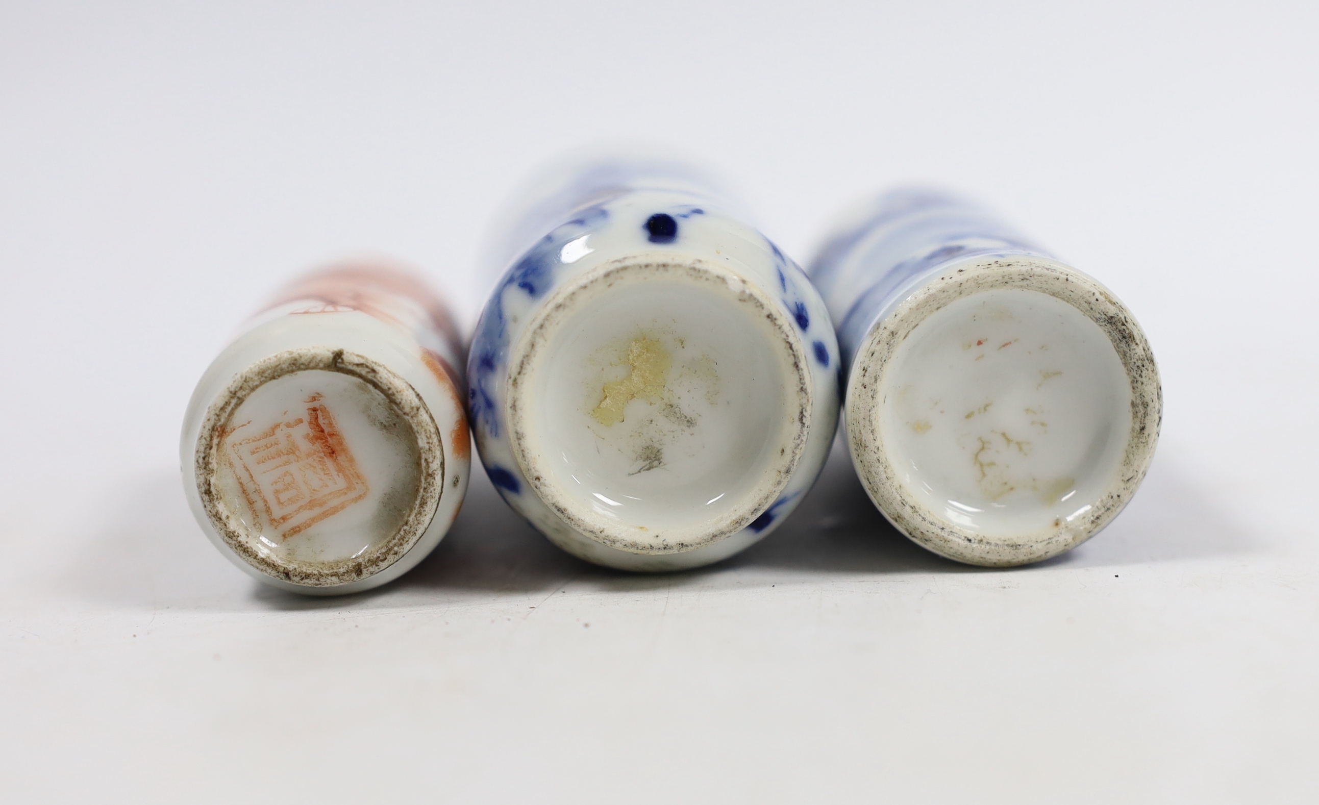 Three late 19th century Chinese porcelain snuff bottles, tallest 8cm